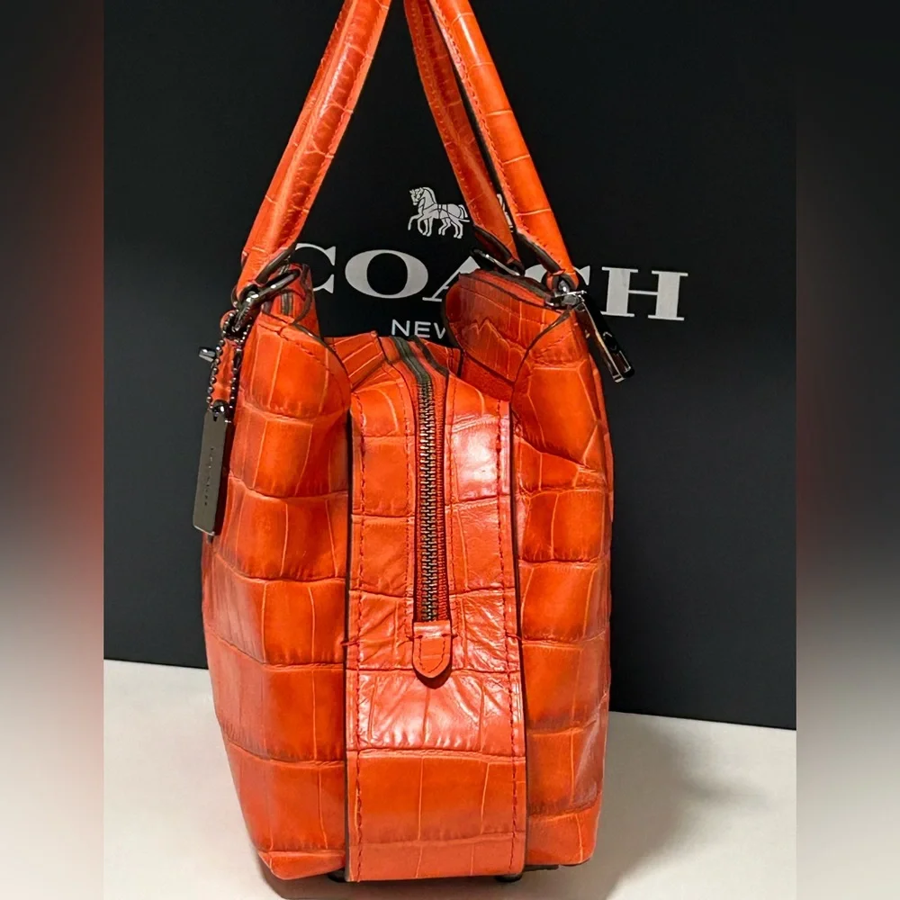 COACH Brooklyn 28 Leather Croc Embossed Satchel/Crossbody Bag in Deep Coral_6